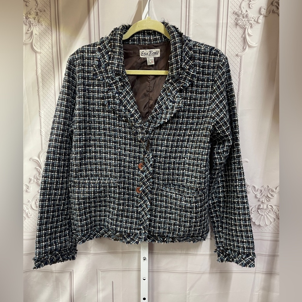 Erica Brooke Collection Brown, Cream & Blues Tweed Raw Hem Plaid XL Jacket